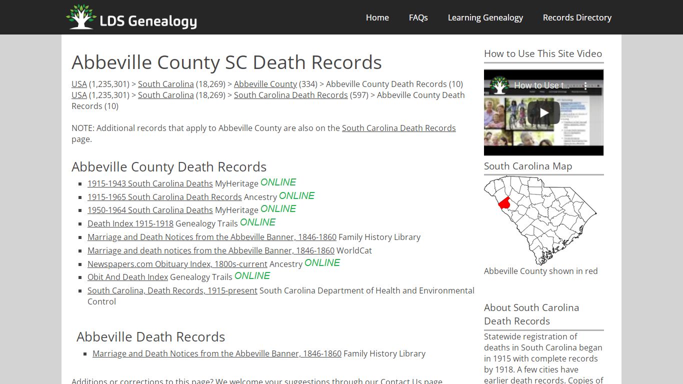 Abbeville County SC Death Records - LDS Genealogy